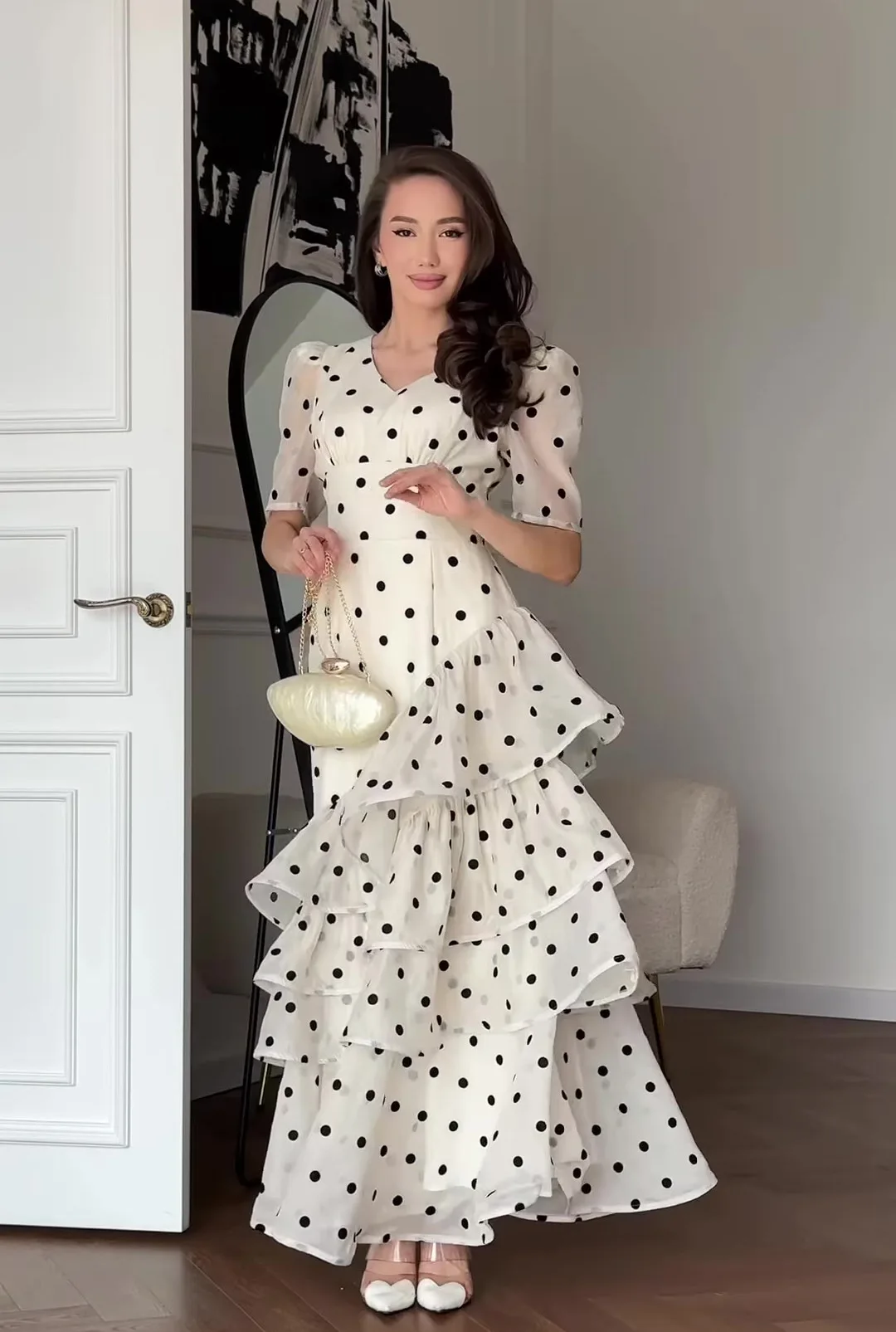 French Elegant Women's Polka Dot Dress Summer Fashion Retro V-neck Slim Short Sleeve Layered Ruffle Edge Lace-up Long Dresses