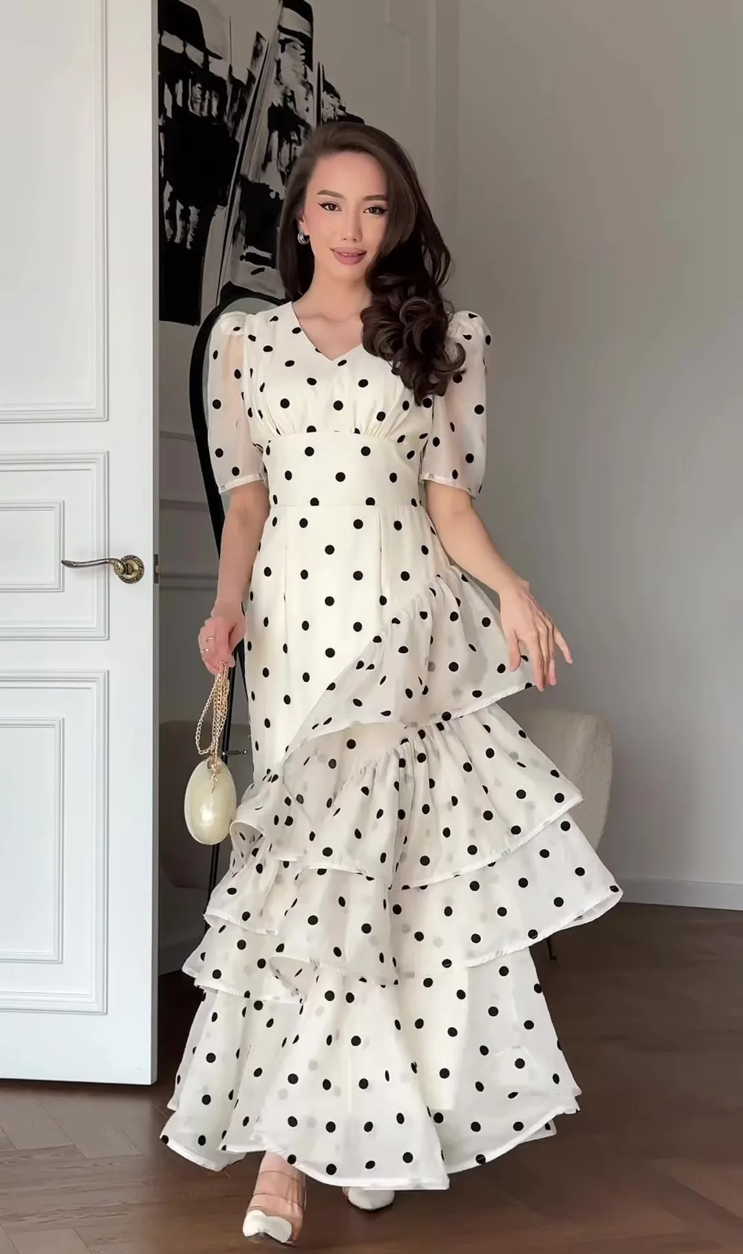 French Elegant Women's Polka Dot Dress Summer Fashion Retro V-neck Slim Short Sleeve Layered Ruffle Edge Lace-up Long Dresses