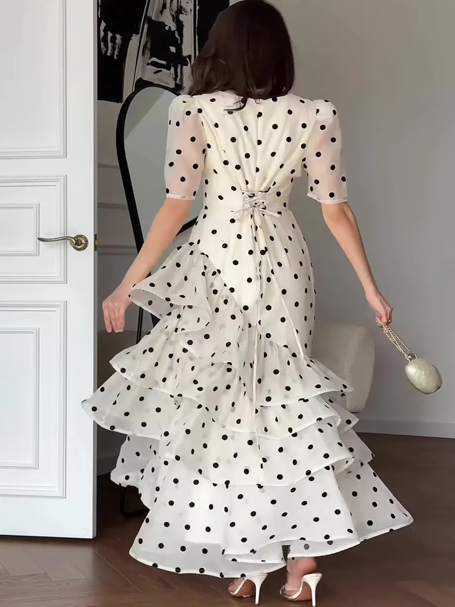 French Elegant Women's Polka Dot Dress Summer Fashion Retro V-neck Slim Short Sleeve Layered Ruffle Edge Lace-up Long Dresses