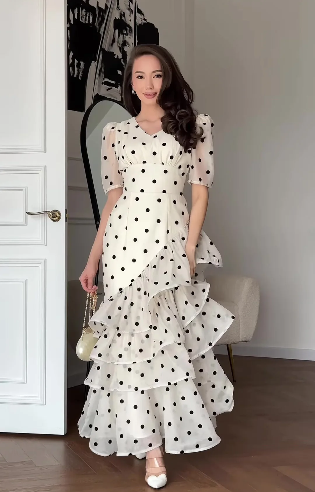 French Elegant Women's Polka Dot Dress Summer Fashion Retro V-neck Slim Short Sleeve Layered Ruffle Edge Lace-up Long Dresses