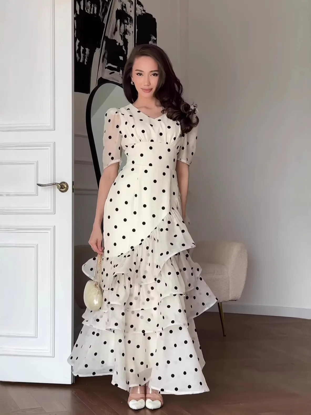 French Elegant Women's Polka Dot Dress Summer Fashion Retro V-neck Slim Short Sleeve Layered Ruffle Edge Lace-up Long Dresses