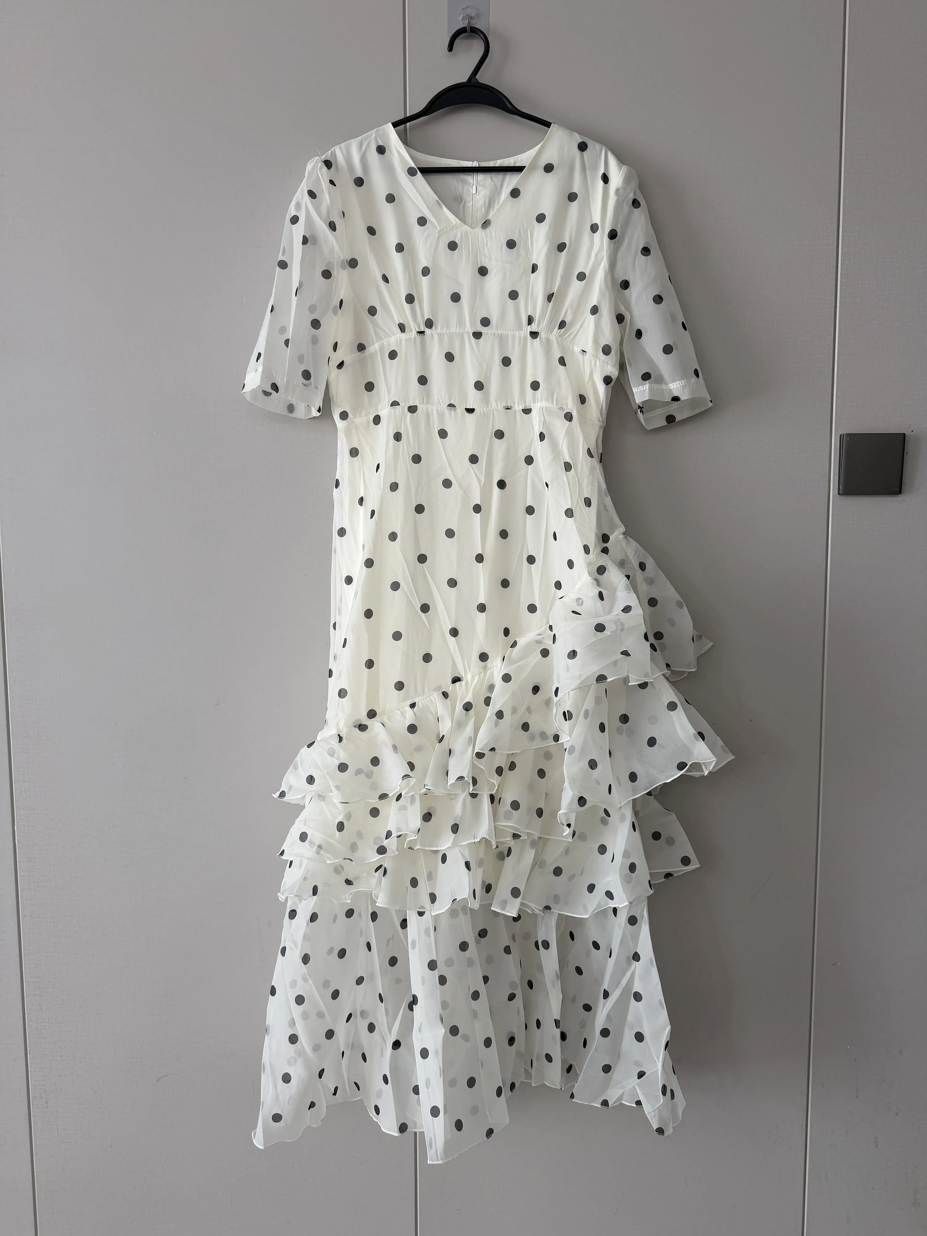 French Elegant Women's Polka Dot Dress Summer Fashion Retro V-neck Slim Short Sleeve Layered Ruffle Edge Lace-up Long Dresses