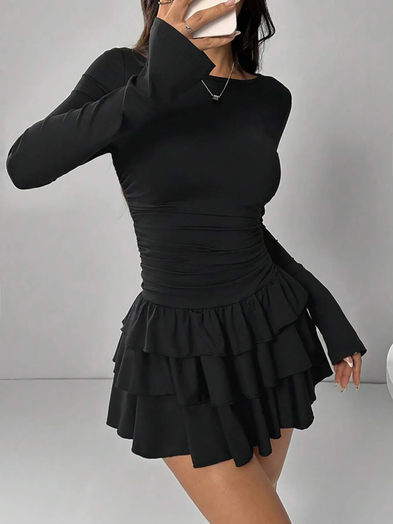 Temperament Dresses 2026 Woman Mini vestidos Simple Style Elegant French Bodycon Slim Pleated Fashion Long Sleeve Commuting Sexy