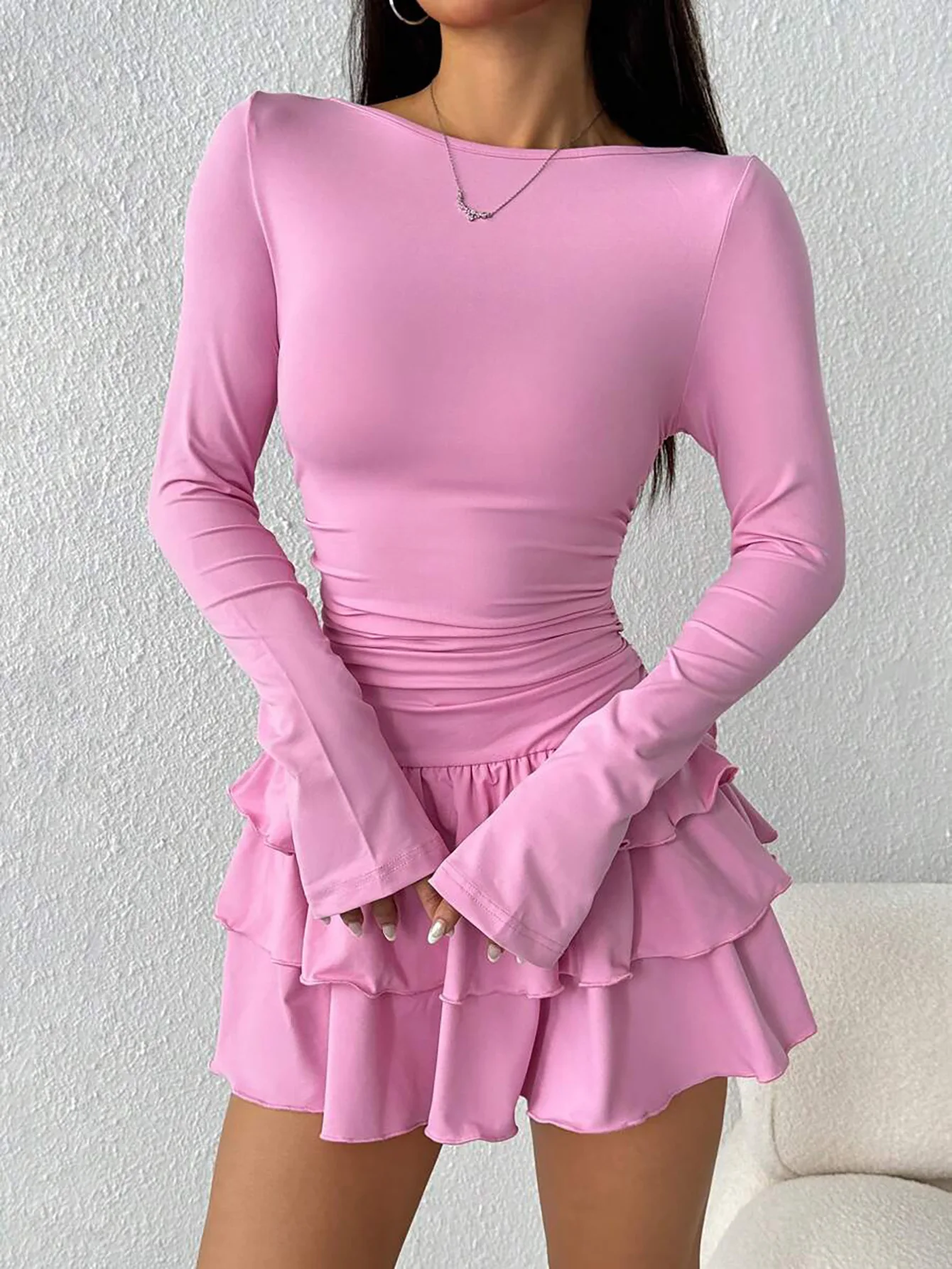 Temperament Dresses 2026 Woman Mini vestidos Simple Style Elegant French Bodycon Slim Pleated Fashion Long Sleeve Commuting Sexy