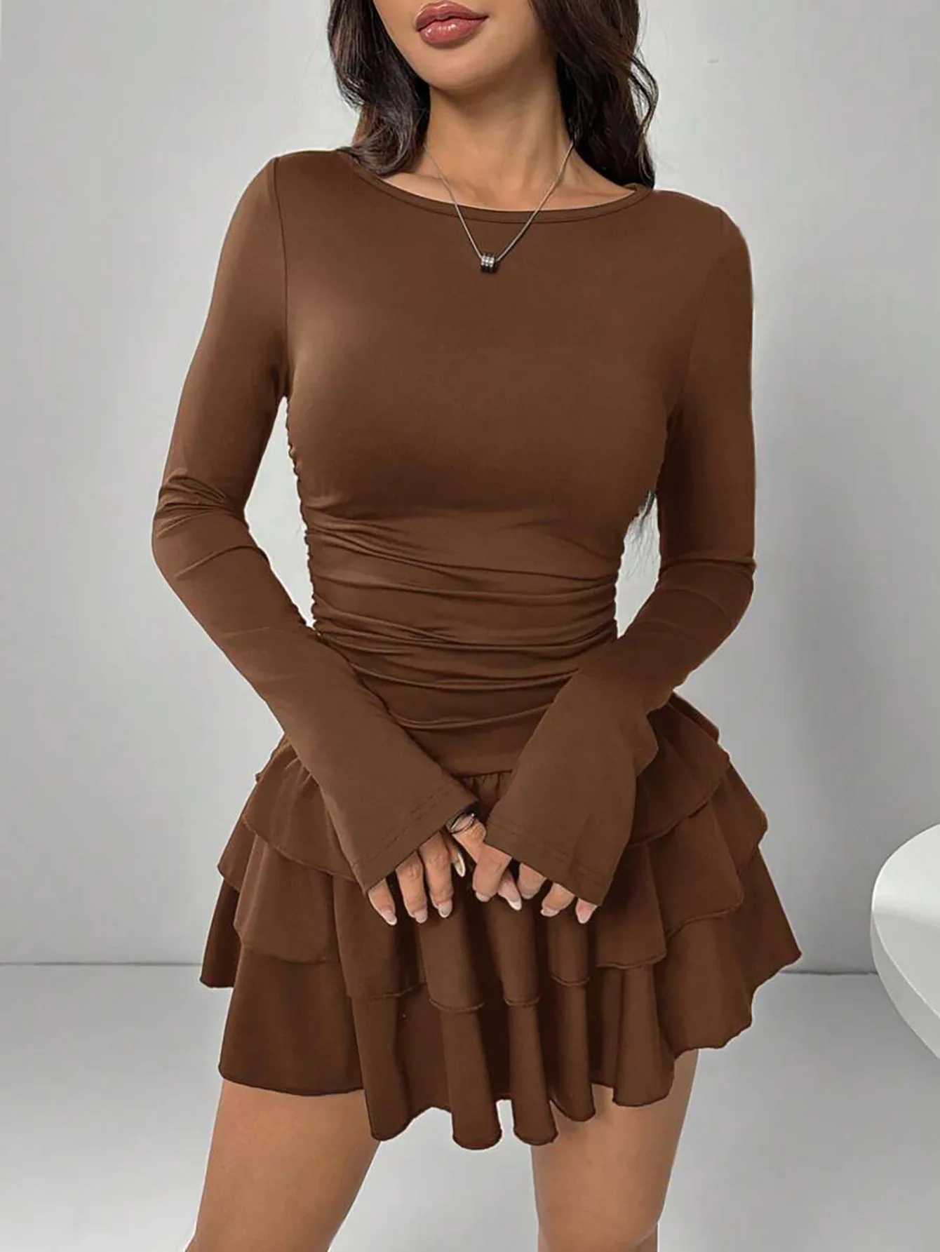 Temperament Dresses 2026 Woman Mini vestidos Simple Style Elegant French Bodycon Slim Pleated Fashion Long Sleeve Commuting Sexy