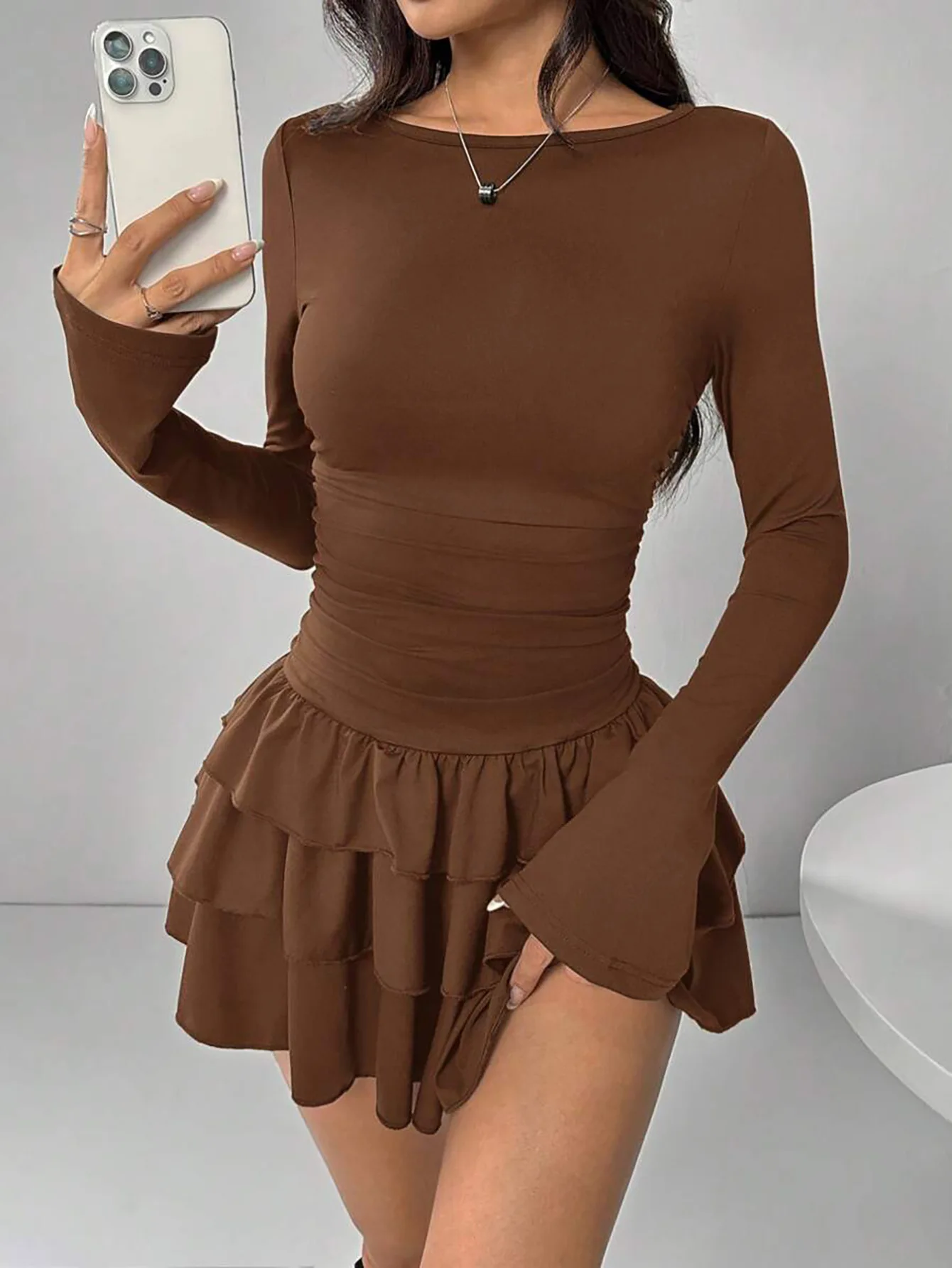 Temperament Dresses 2026 Woman Mini vestidos Simple Style Elegant French Bodycon Slim Pleated Fashion Long Sleeve Commuting Sexy