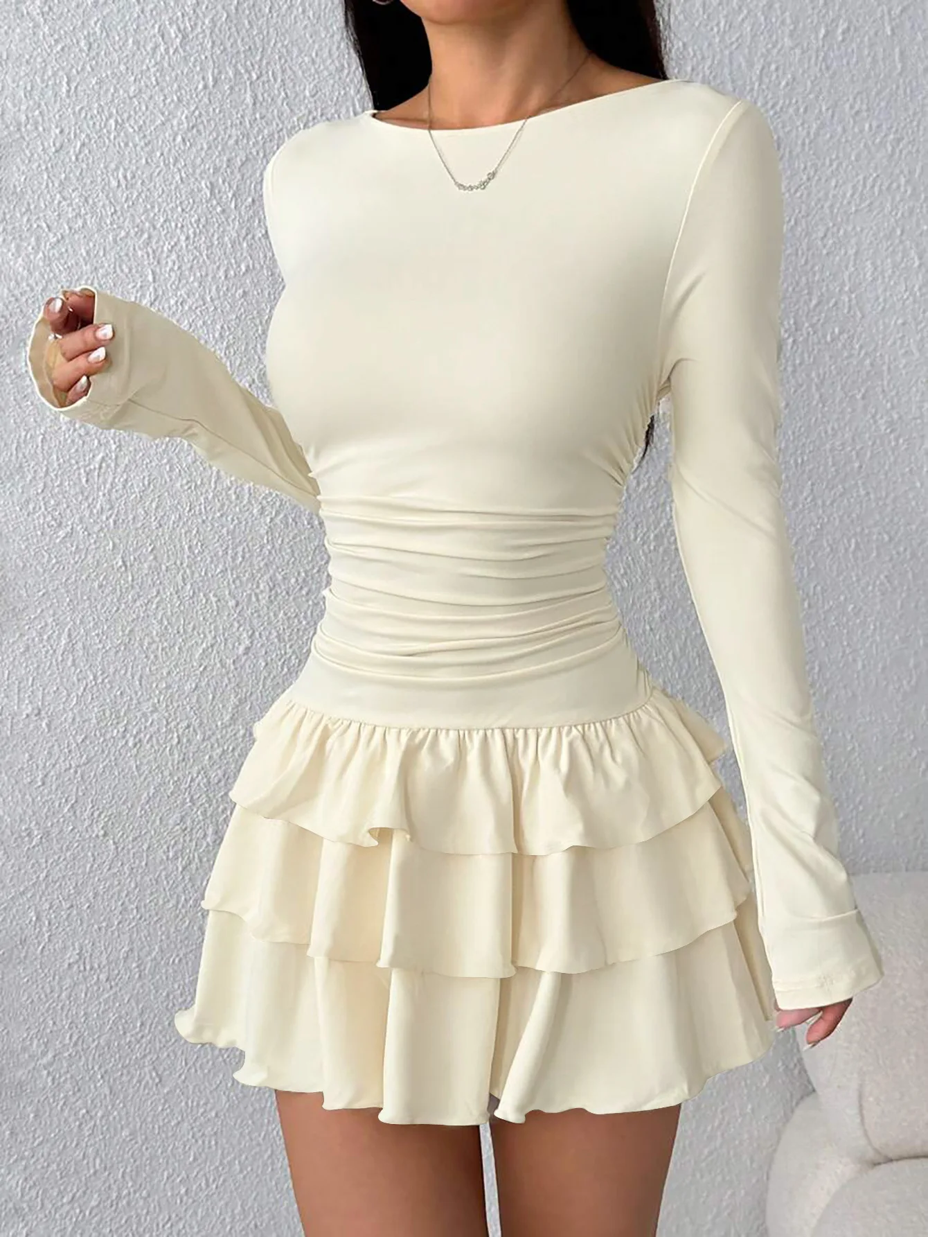 Temperament Dresses 2026 Woman Mini vestidos Simple Style Elegant French Bodycon Slim Pleated Fashion Long Sleeve Commuting Sexy