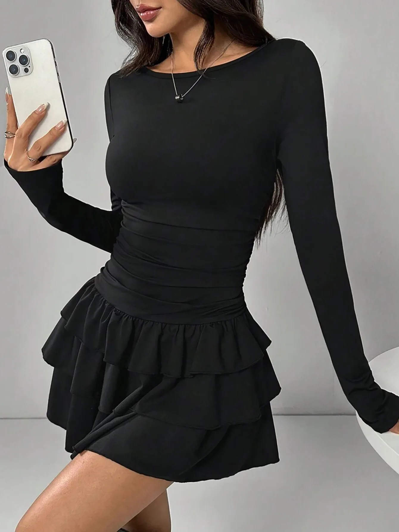 Temperament Dresses 2026 Woman Mini vestidos Simple Style Elegant French Bodycon Slim Pleated Fashion Long Sleeve Commuting Sexy