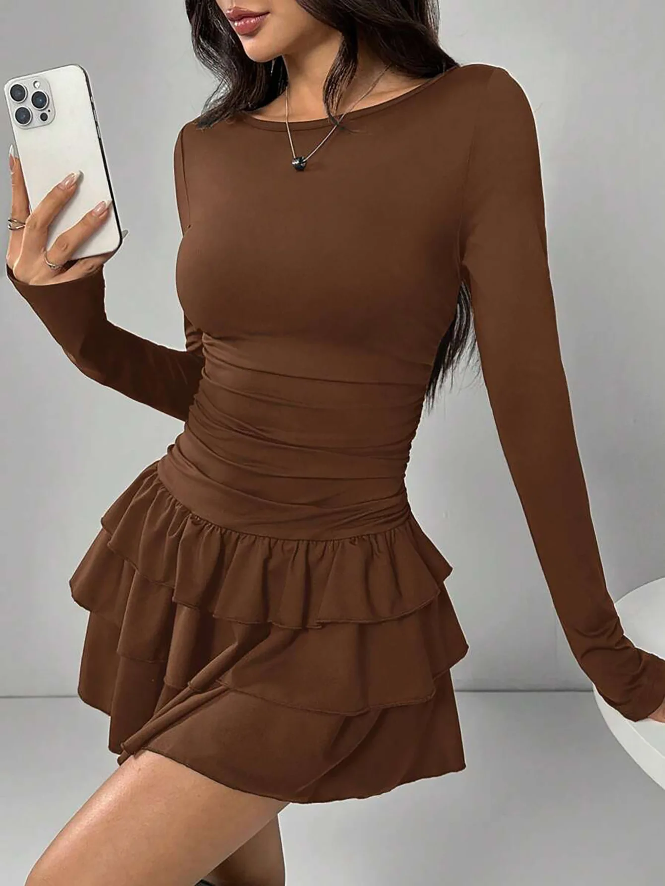 Temperament Dresses 2026 Woman Mini vestidos Simple Style Elegant French Bodycon Slim Pleated Fashion Long Sleeve Commuting Sexy