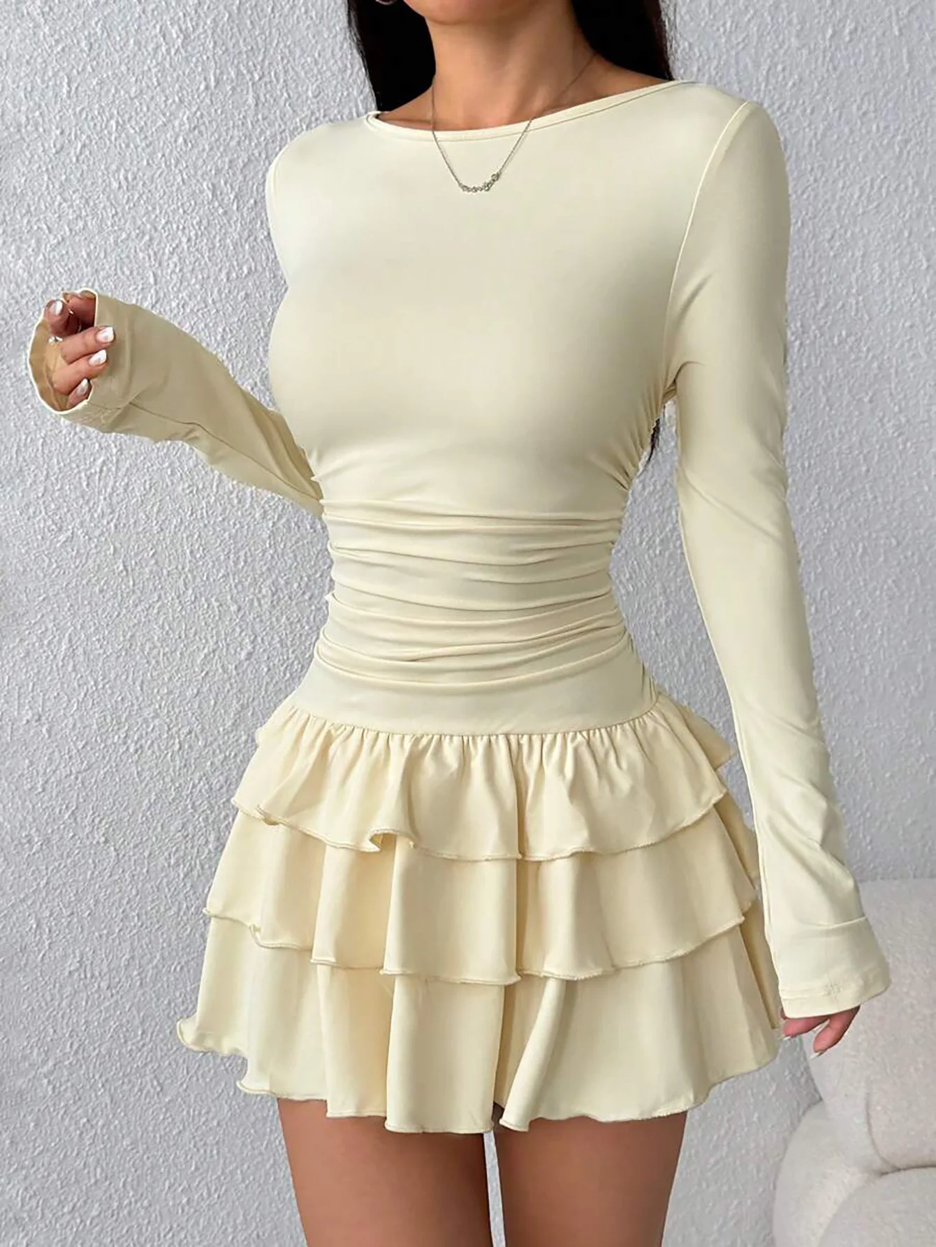 Temperament Dresses 2026 Woman Mini vestidos Simple Style Elegant French Bodycon Slim Pleated Fashion Long Sleeve Commuting Sexy