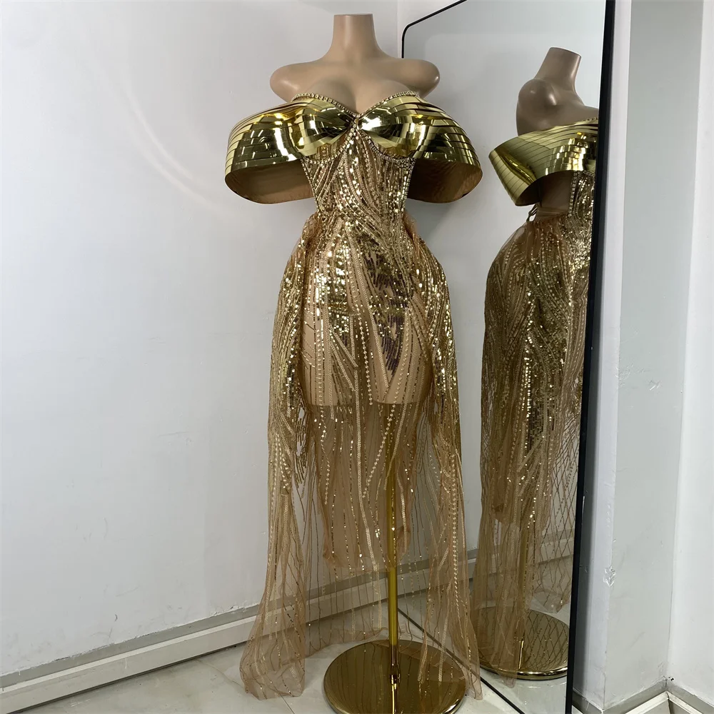 Flashing Gold Long Party Dress Luxury Diamonds Sequins See Thourgh Birthday Gown Sexy Off Shoulder Performance Singer Costume