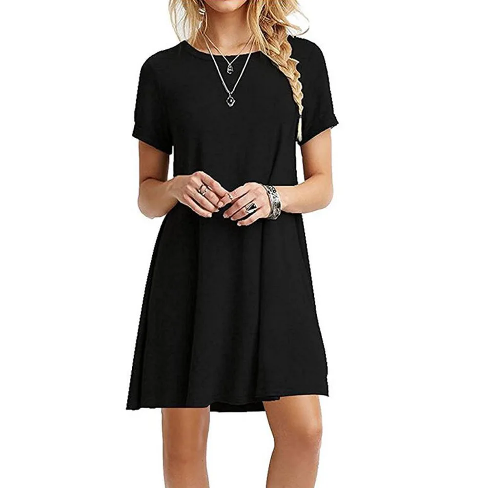 Summer Women Solid Color Dress Short Sleeve Mini Causal Dresses O-Neck Basic A-line Floral Printed Leopard Thick Vestidos