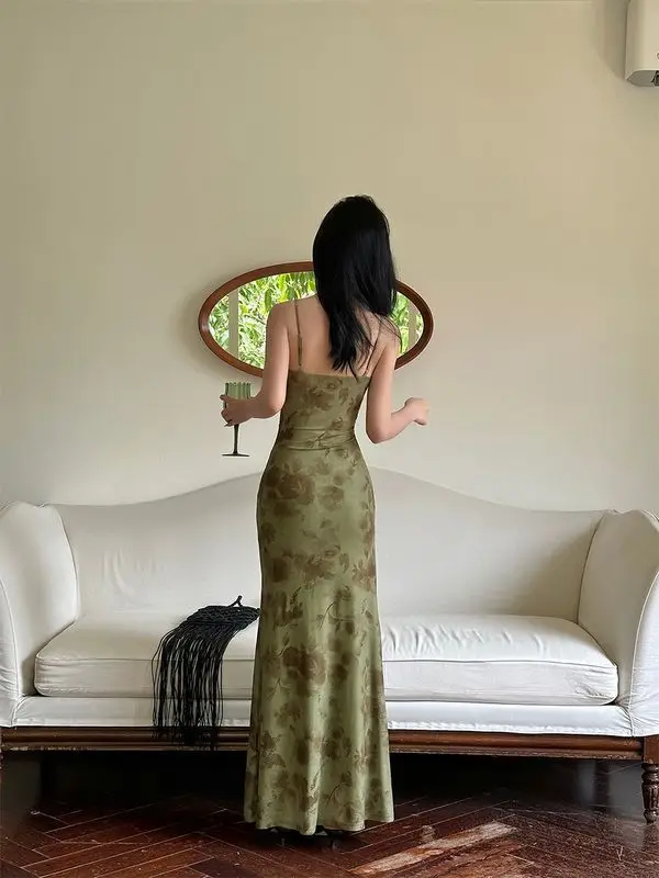 Retro Printed Camis Dress Women Summer Sexy Slim Spaghetti Straps Backless Party Dress Korean Chic Elegant Beach Vestidos New