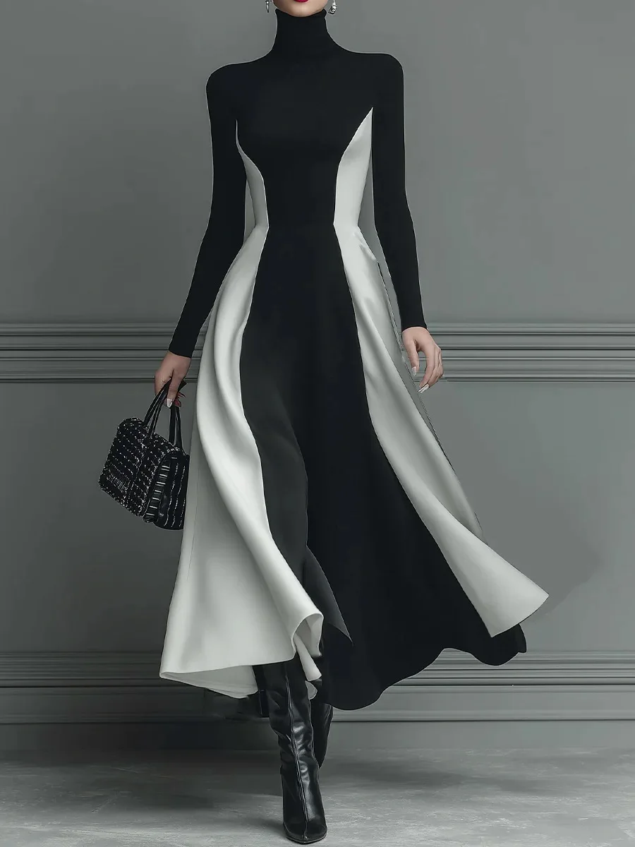 Elegant Black White Patchwork Maxi Dresses Women Fashion Turtleneck Long Sleeves Slim Dress New Female Evening Party Robes