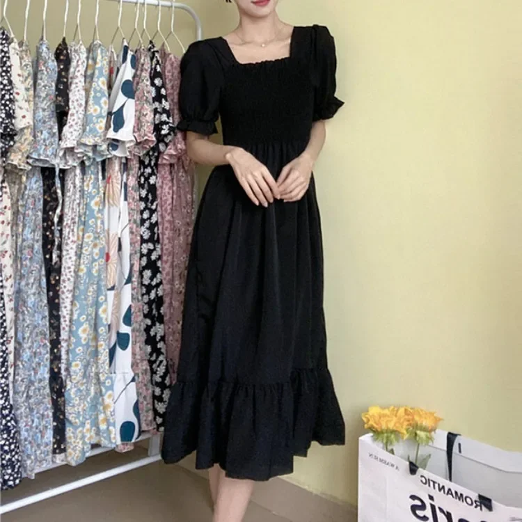 Spring Summer Elastic Waist Chiffon Dress Women Casual Dresses Fashion Female  Vestidos Short Sleeve Pleated A-line Dresses