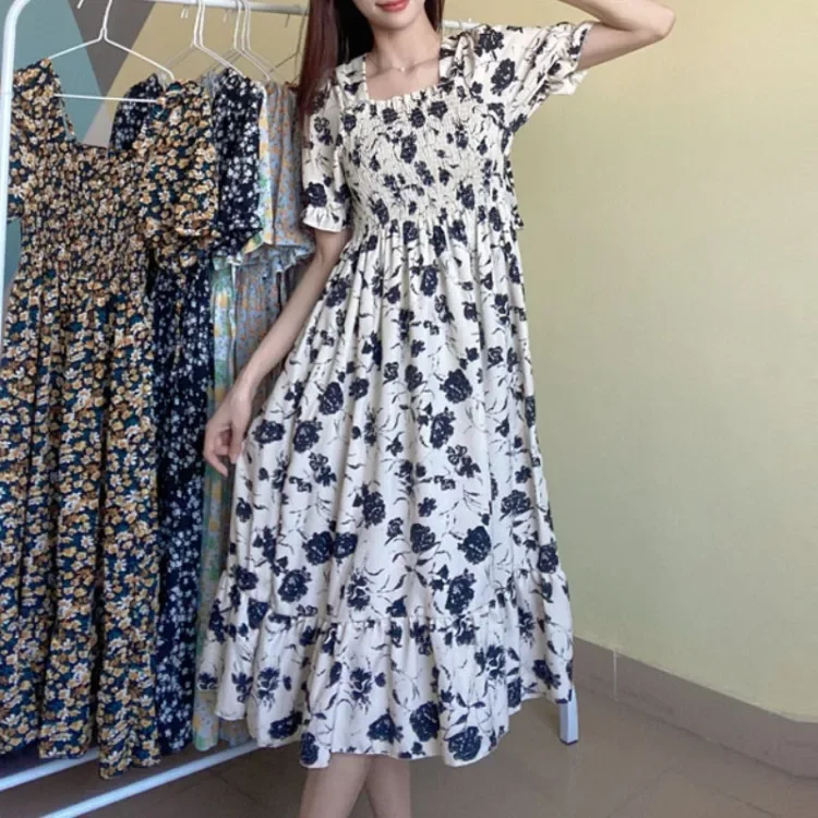 Spring Summer Elastic Waist Chiffon Dress Women Casual Dresses Fashion Female  Vestidos Short Sleeve Pleated A-line Dresses