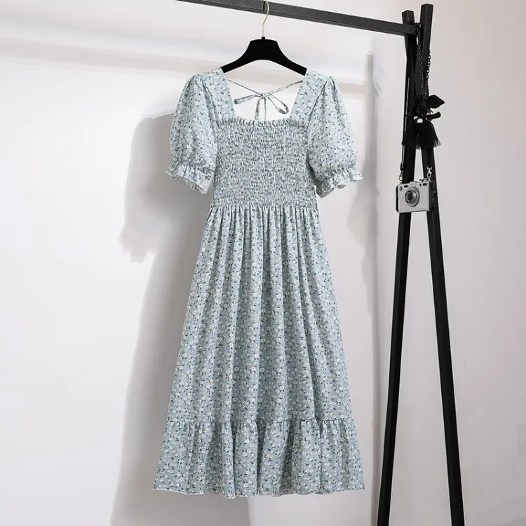 Spring Summer Elastic Waist Chiffon Dress Women Casual Dresses Fashion Female  Vestidos Short Sleeve Pleated A-line Dresses