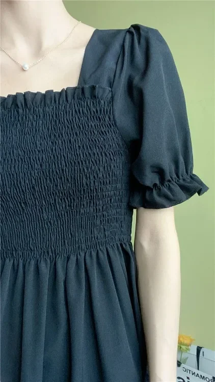 Spring Summer Elastic Waist Chiffon Dress Women Casual Dresses Fashion Female  Vestidos Short Sleeve Pleated A-line Dresses
