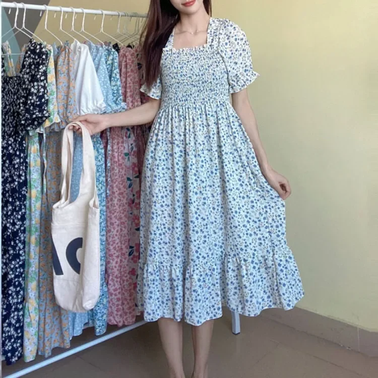 Spring Summer Elastic Waist Chiffon Dress Women Casual Dresses Fashion Female  Vestidos Short Sleeve Pleated A-line Dresses
