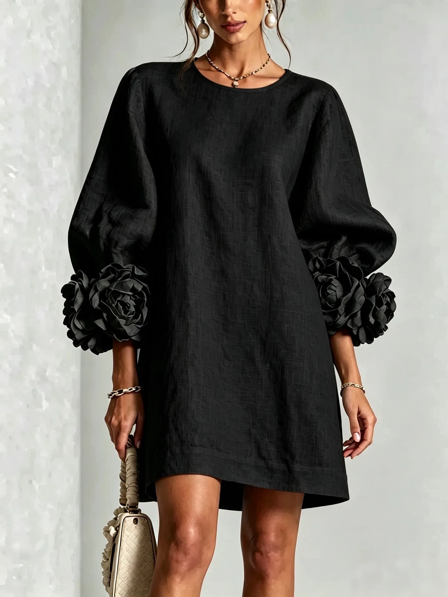 Vintage Solid Women Cocktail Dresses 3D Floral Cuff Decor 3/4 Sleeves Prom Dress Elegant Casual Party Wedding Guest Mini Dress
