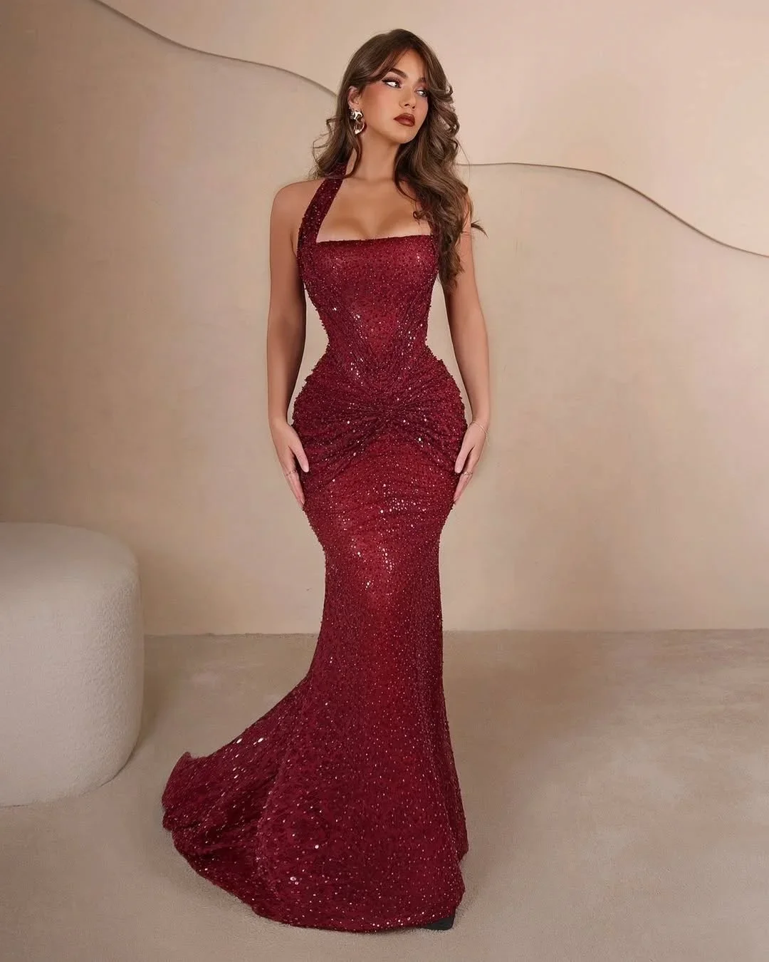 Elegant Sequin Halter Mermaid Gown Burgundy Waist Sleeveless Bodycon Floor Length Dress New Style Formal Party Maxi Outfits 2026