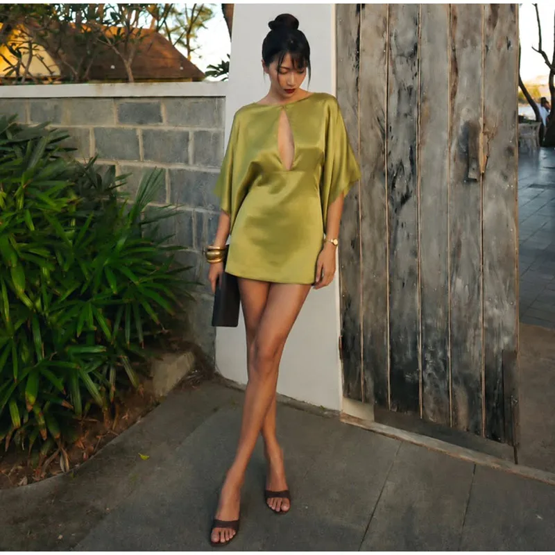 Sexy Satin Mini Dress Women O Neck Batwing Sleeves Hollow Out High Waist Vestidos Female 2026 Summer New Chic Fashion Dresses