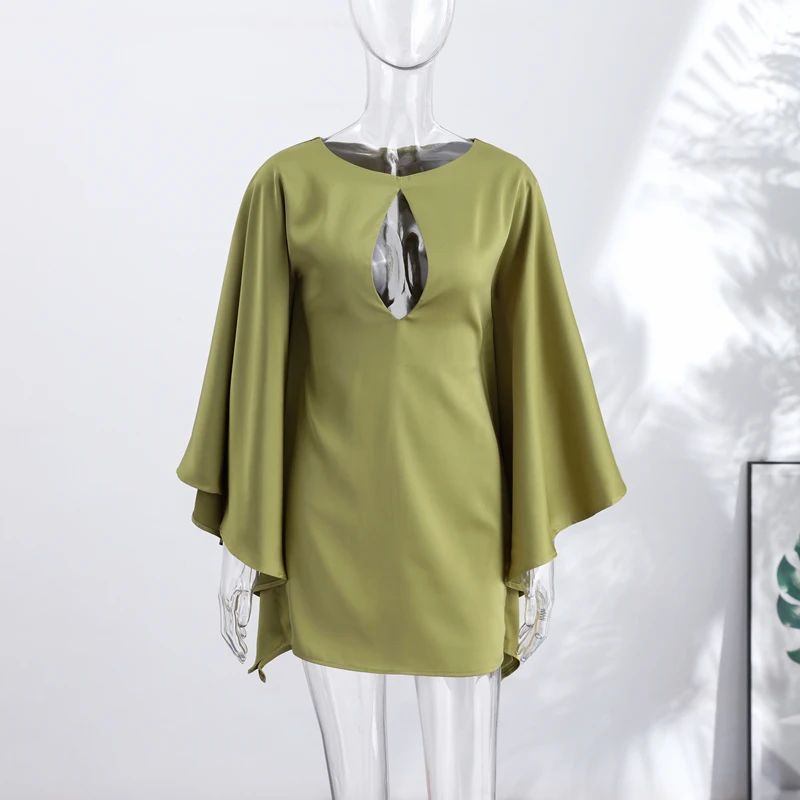 Sexy Satin Mini Dress Women O Neck Batwing Sleeves Hollow Out High Waist Vestidos Female 2026 Summer New Chic Fashion Dresses