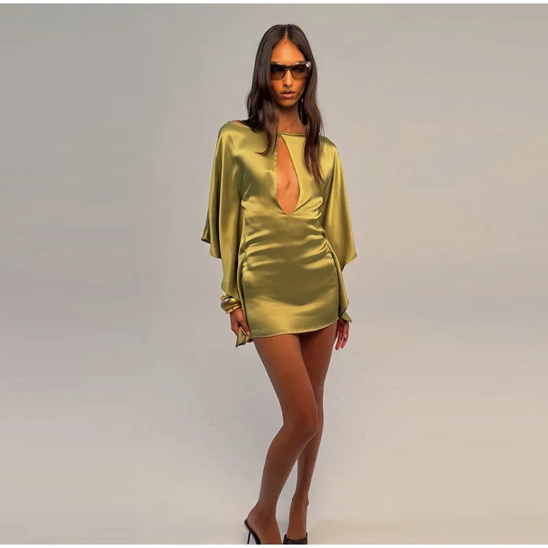Sexy Satin Mini Dress Women O Neck Batwing Sleeves Hollow Out High Waist Vestidos Female 2026 Summer New Chic Fashion Dresses