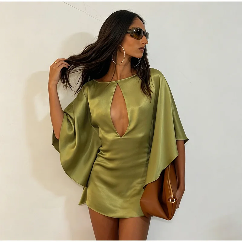 Sexy Satin Mini Dress Women O Neck Batwing Sleeves Hollow Out High Waist Vestidos Female 2026 Summer New Chic Fashion Dresses