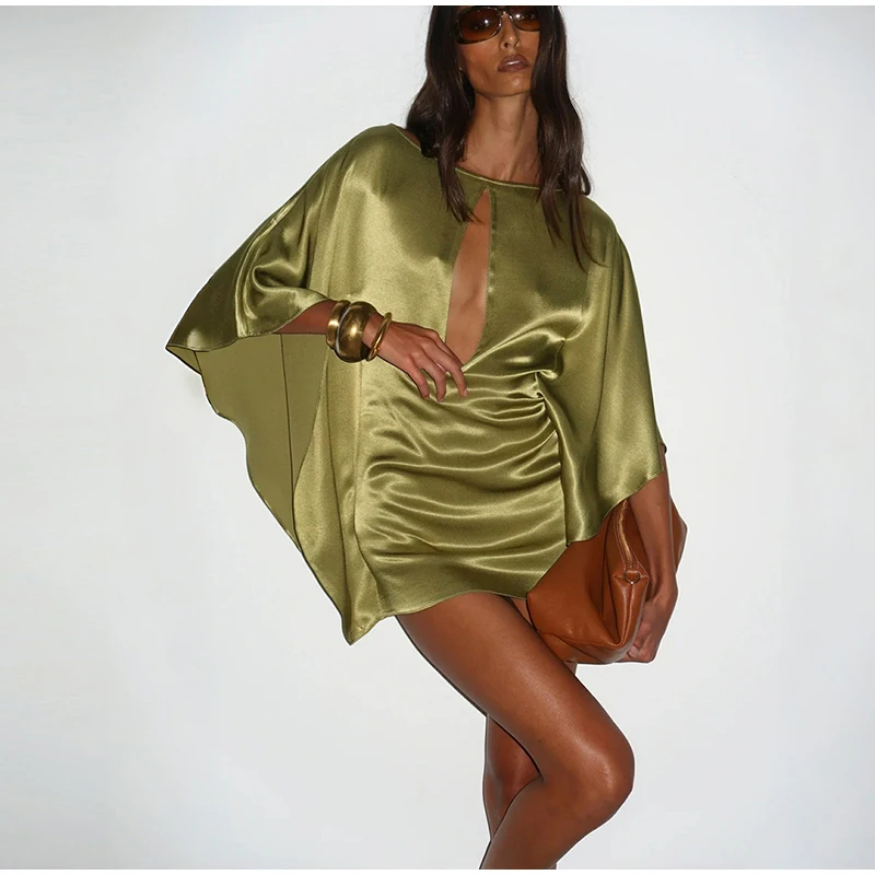 Sexy Satin Mini Dress Women O Neck Batwing Sleeves Hollow Out High Waist Vestidos Female 2026 Summer New Chic Fashion Dresses