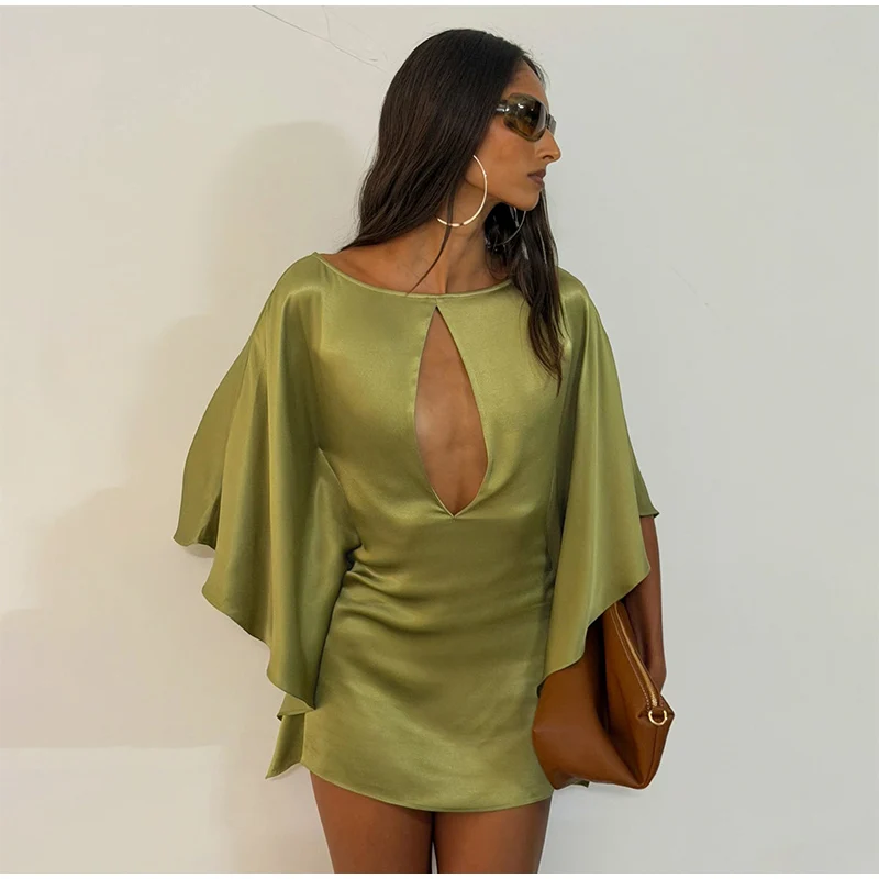 Sexy Satin Mini Dress Women O Neck Batwing Sleeves Hollow Out High Waist Vestidos Female 2026 Summer New Chic Fashion Dresses