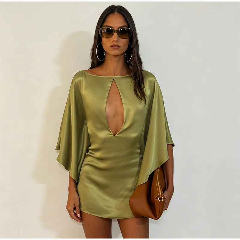 Sexy Satin Mini Dress Women O Neck Batwing Sleeves Hollow Out High Waist Vestidos Female 2026 Summer New Chic Fashion Dresses