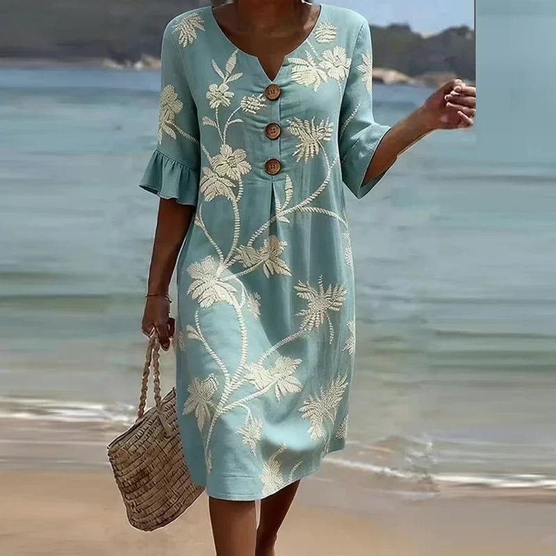 Summer Vintage Printed Dress Women Casual V Neck Half Sleeve Button Design Midi Dresses For Women Loose Beach Holiday Dress Boho