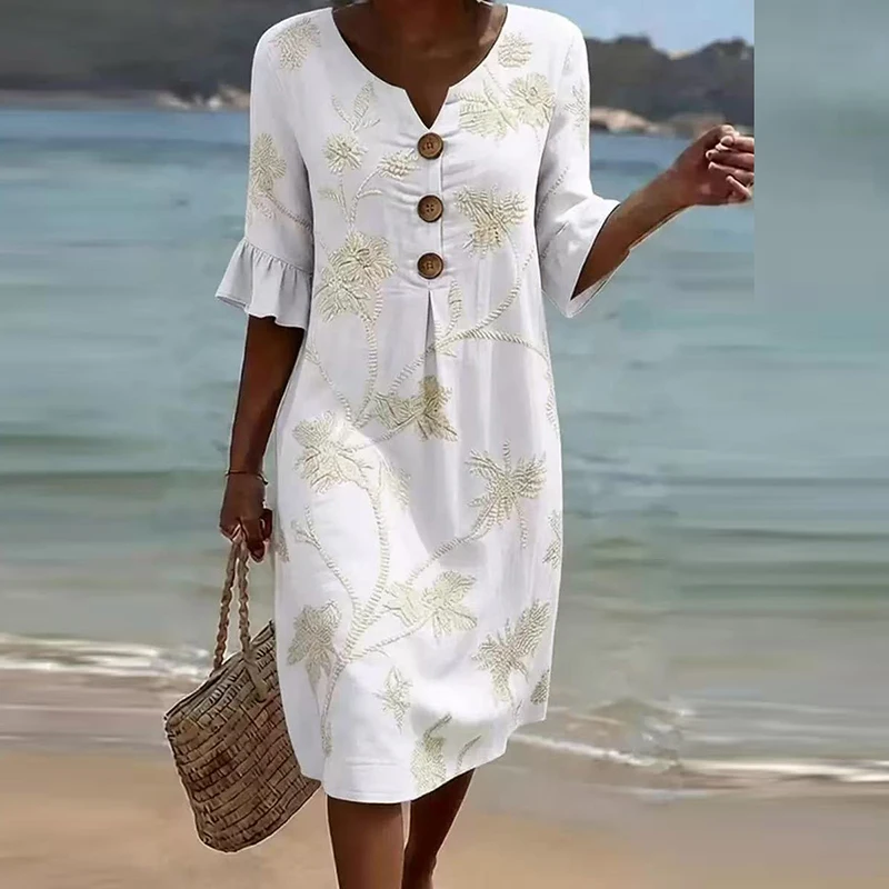 Summer Vintage Printed Dress Women Casual V Neck Half Sleeve Button Design Midi Dresses For Women Loose Beach Holiday Dress Boho