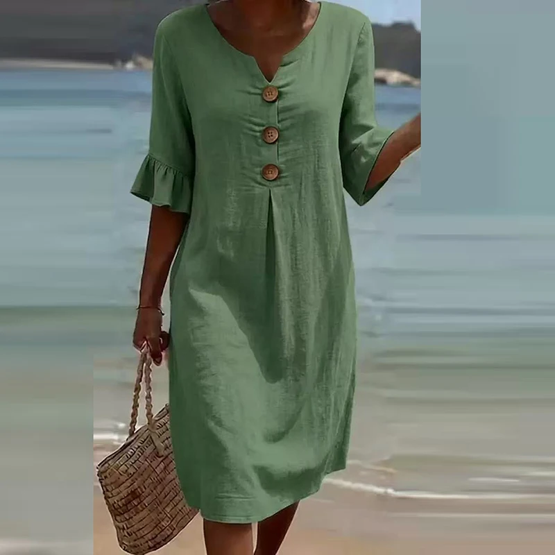 Summer Vintage Printed Dress Women Casual V Neck Half Sleeve Button Design Midi Dresses For Women Loose Beach Holiday Dress Boho