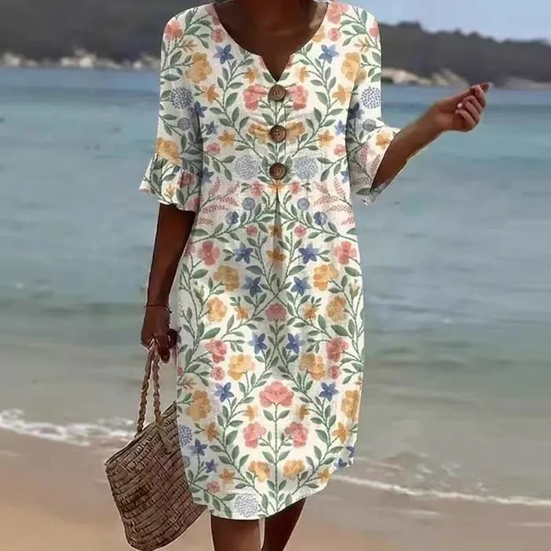 Summer Vintage Printed Dress Women Casual V Neck Half Sleeve Button Design Midi Dresses For Women Loose Beach Holiday Dress Boho