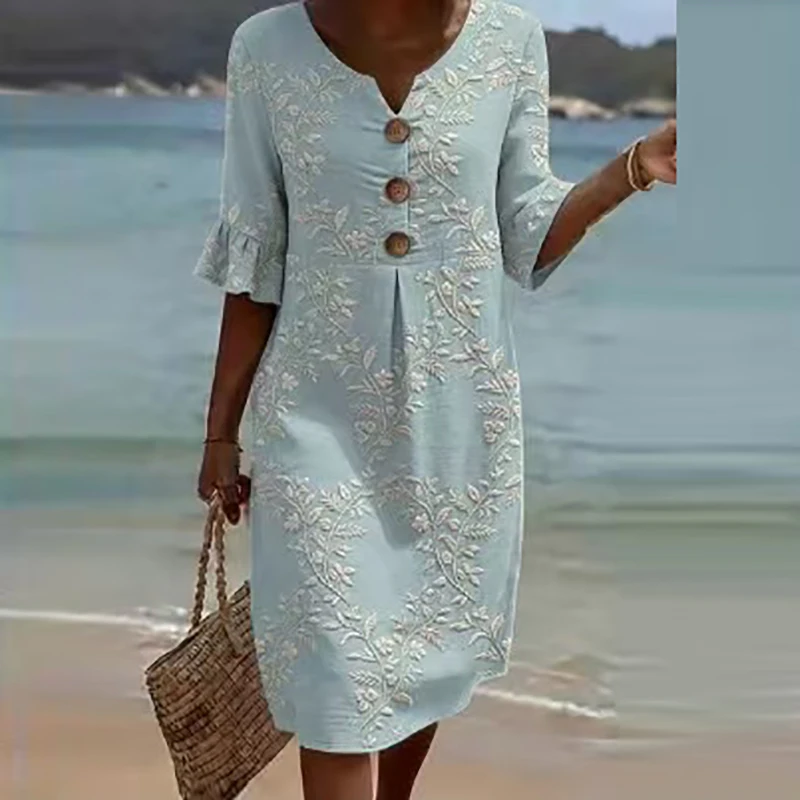 Summer Vintage Printed Dress Women Casual V Neck Half Sleeve Button Design Midi Dresses For Women Loose Beach Holiday Dress Boho