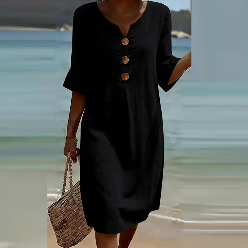 Summer Vintage Printed Dress Women Casual V Neck Half Sleeve Button Design Midi Dresses For Women Loose Beach Holiday Dress Boho