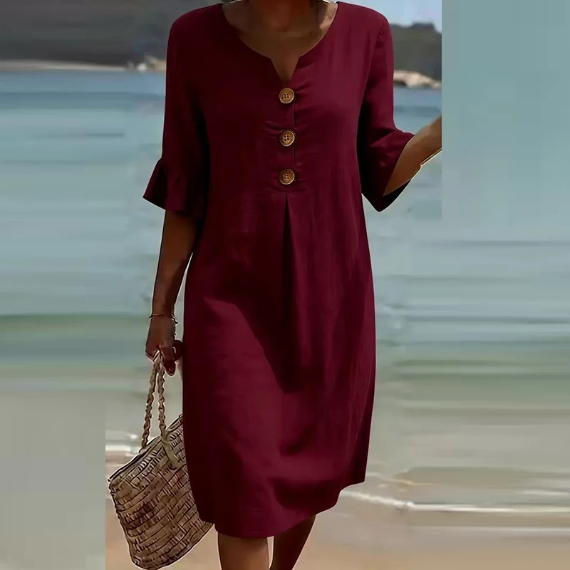 Summer Vintage Printed Dress Women Casual V Neck Half Sleeve Button Design Midi Dresses For Women Loose Beach Holiday Dress Boho