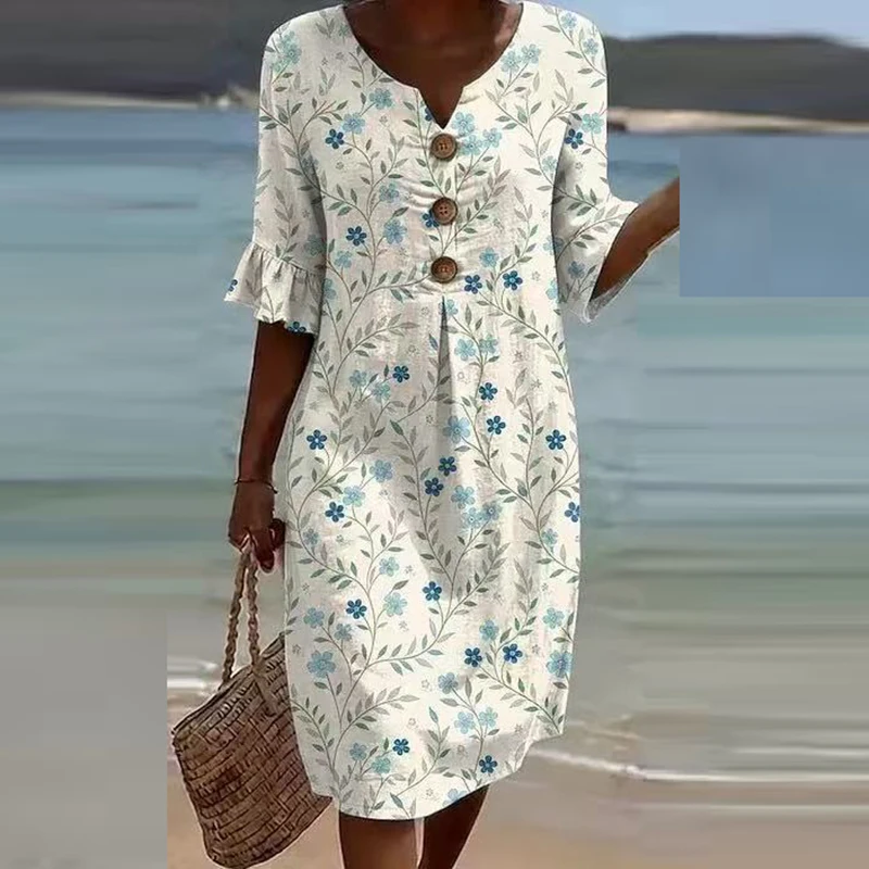 Summer Vintage Printed Dress Women Casual V Neck Half Sleeve Button Design Midi Dresses For Women Loose Beach Holiday Dress Boho