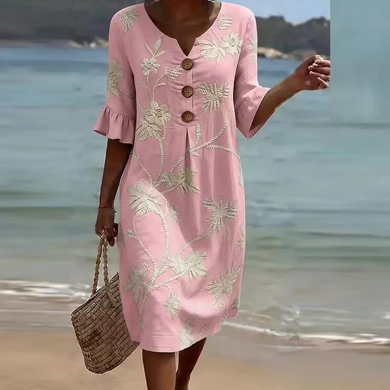 Summer Vintage Printed Dress Women Casual V Neck Half Sleeve Button Design Midi Dresses For Women Loose Beach Holiday Dress Boho