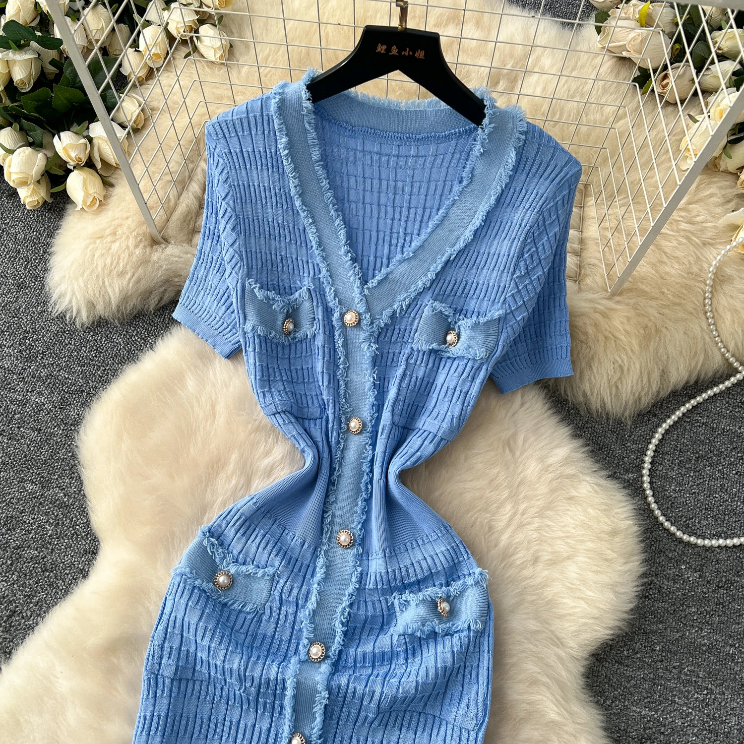 SINGREINY High Quality Elastic Knitted Long Sundress Women Short Sleeves Button Design Office Lady Vintage Split Slim Dress