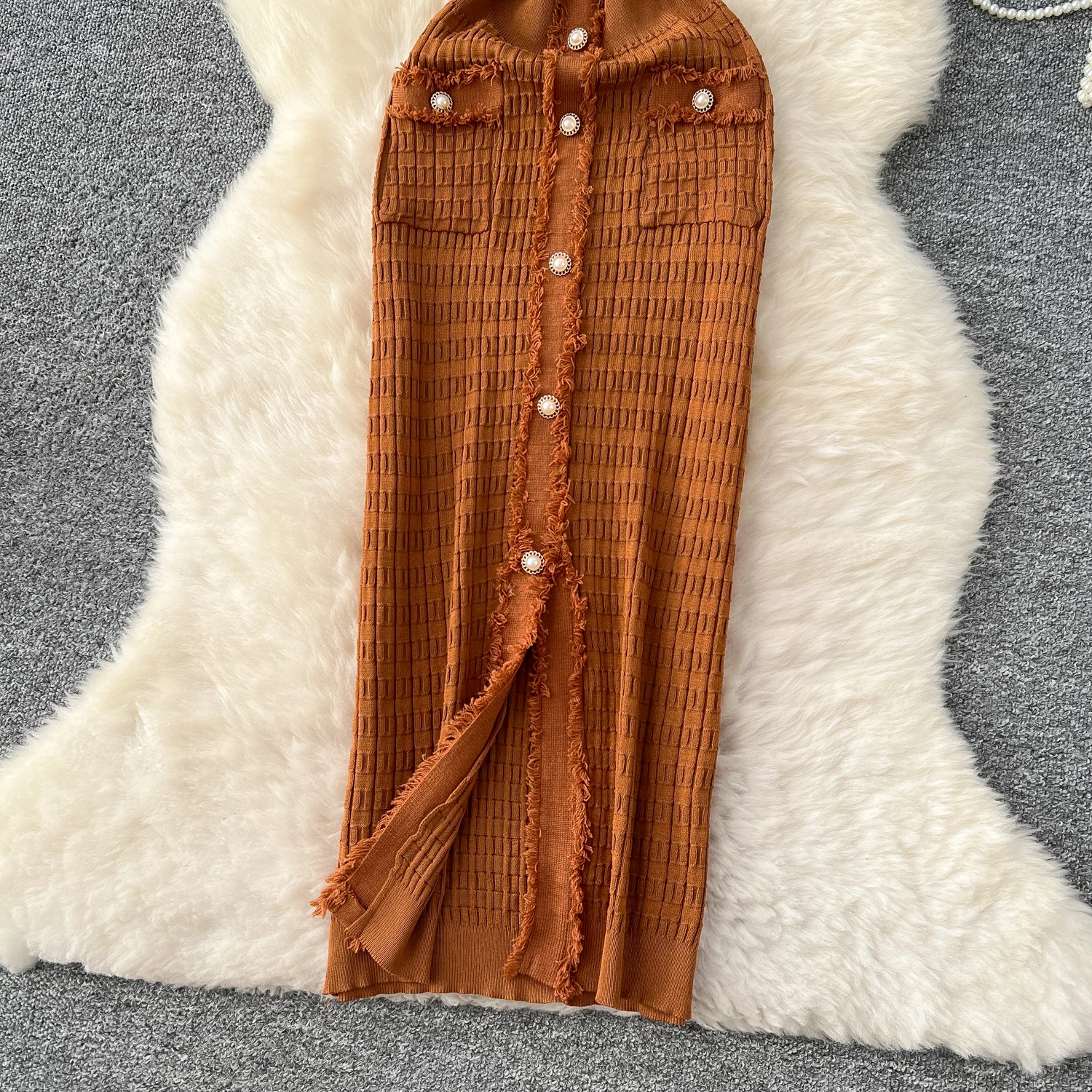 SINGREINY High Quality Elastic Knitted Long Sundress Women Short Sleeves Button Design Office Lady Vintage Split Slim Dress