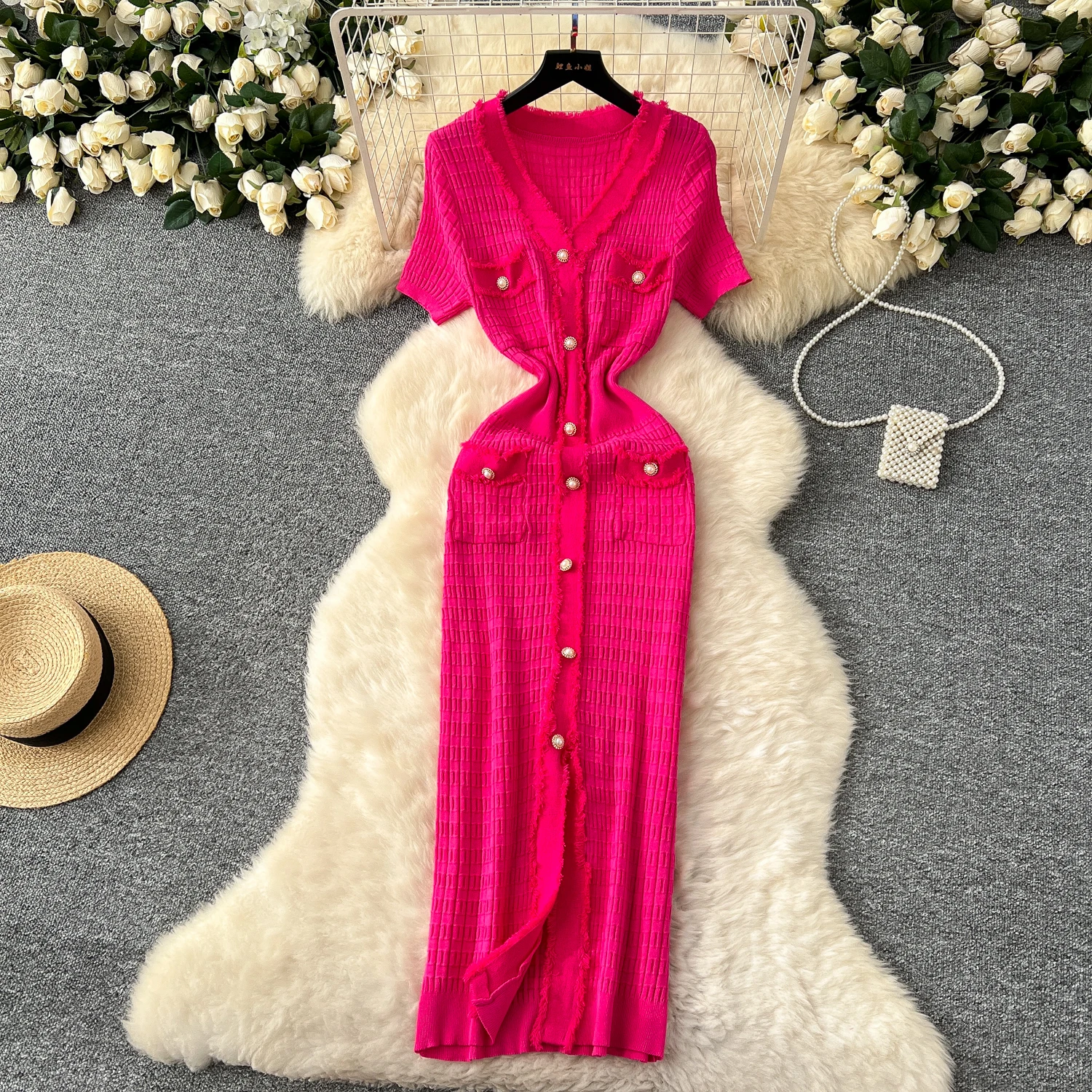 SINGREINY High Quality Elastic Knitted Long Sundress Women Short Sleeves Button Design Office Lady Vintage Split Slim Dress