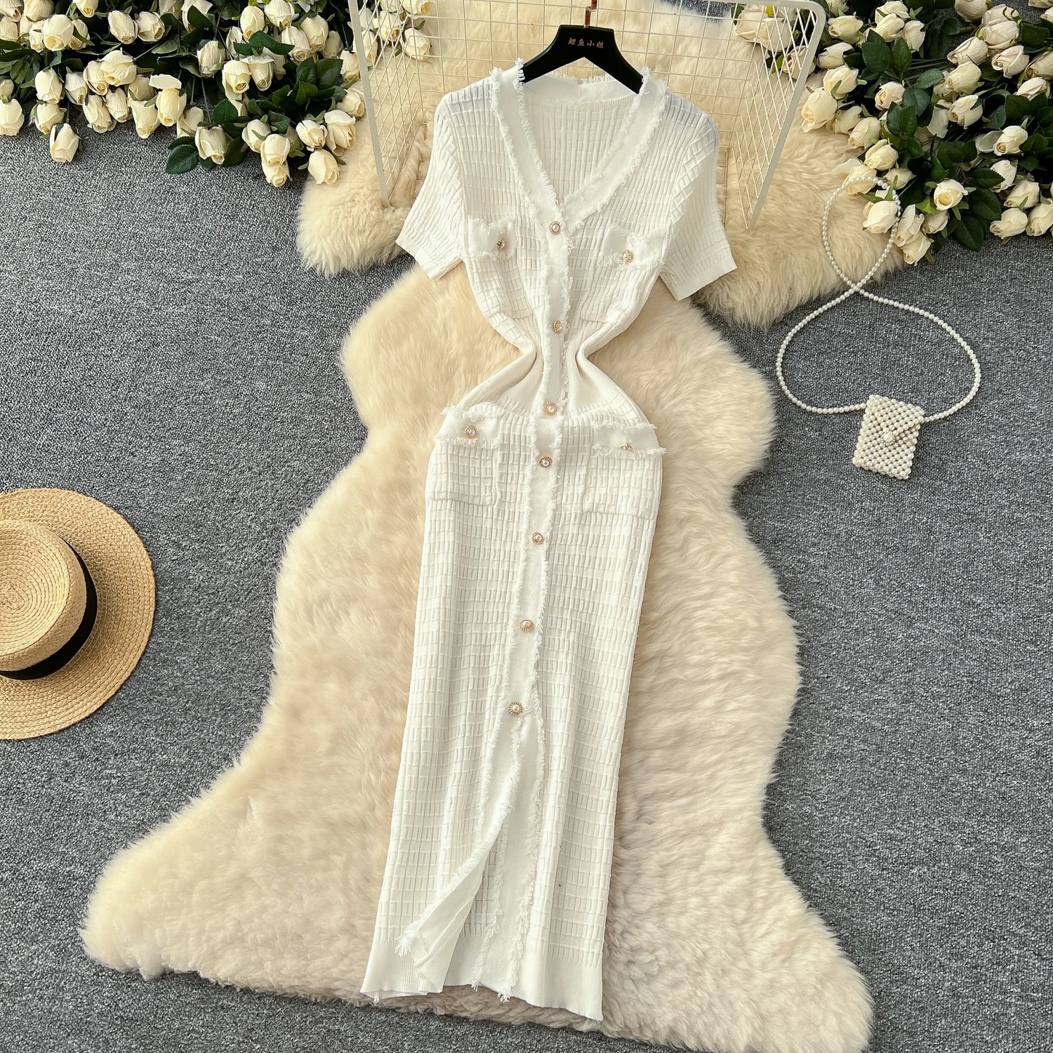 SINGREINY High Quality Elastic Knitted Long Sundress Women Short Sleeves Button Design Office Lady Vintage Split Slim Dress