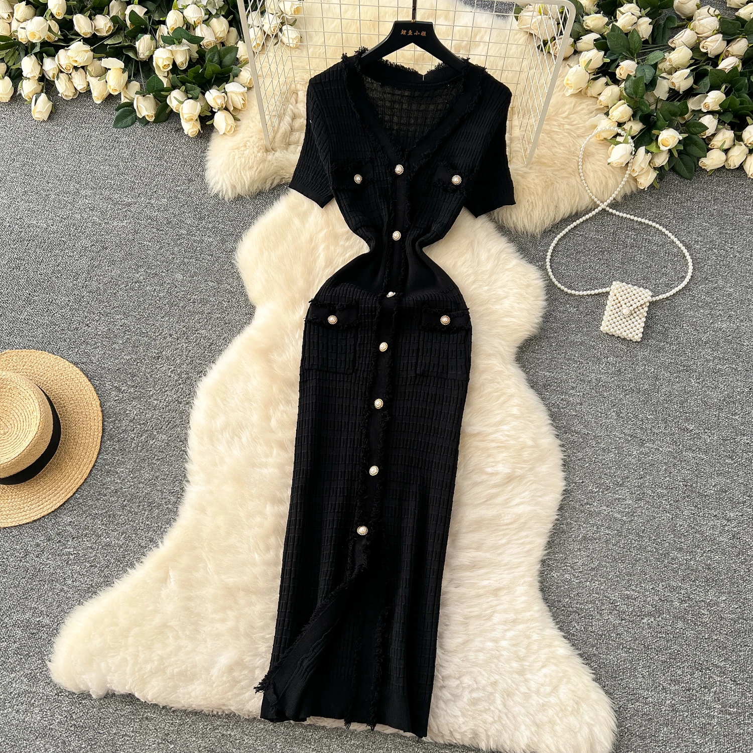 SINGREINY High Quality Elastic Knitted Long Sundress Women Short Sleeves Button Design Office Lady Vintage Split Slim Dress
