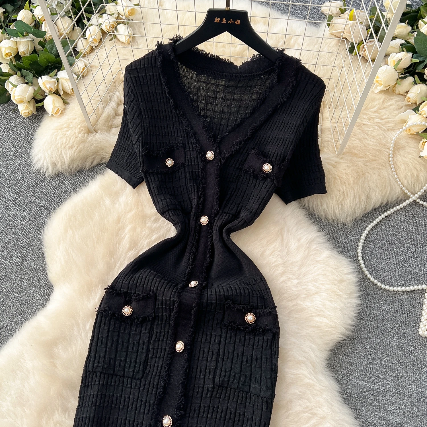 SINGREINY High Quality Elastic Knitted Long Sundress Women Short Sleeves Button Design Office Lady Vintage Split Slim Dress