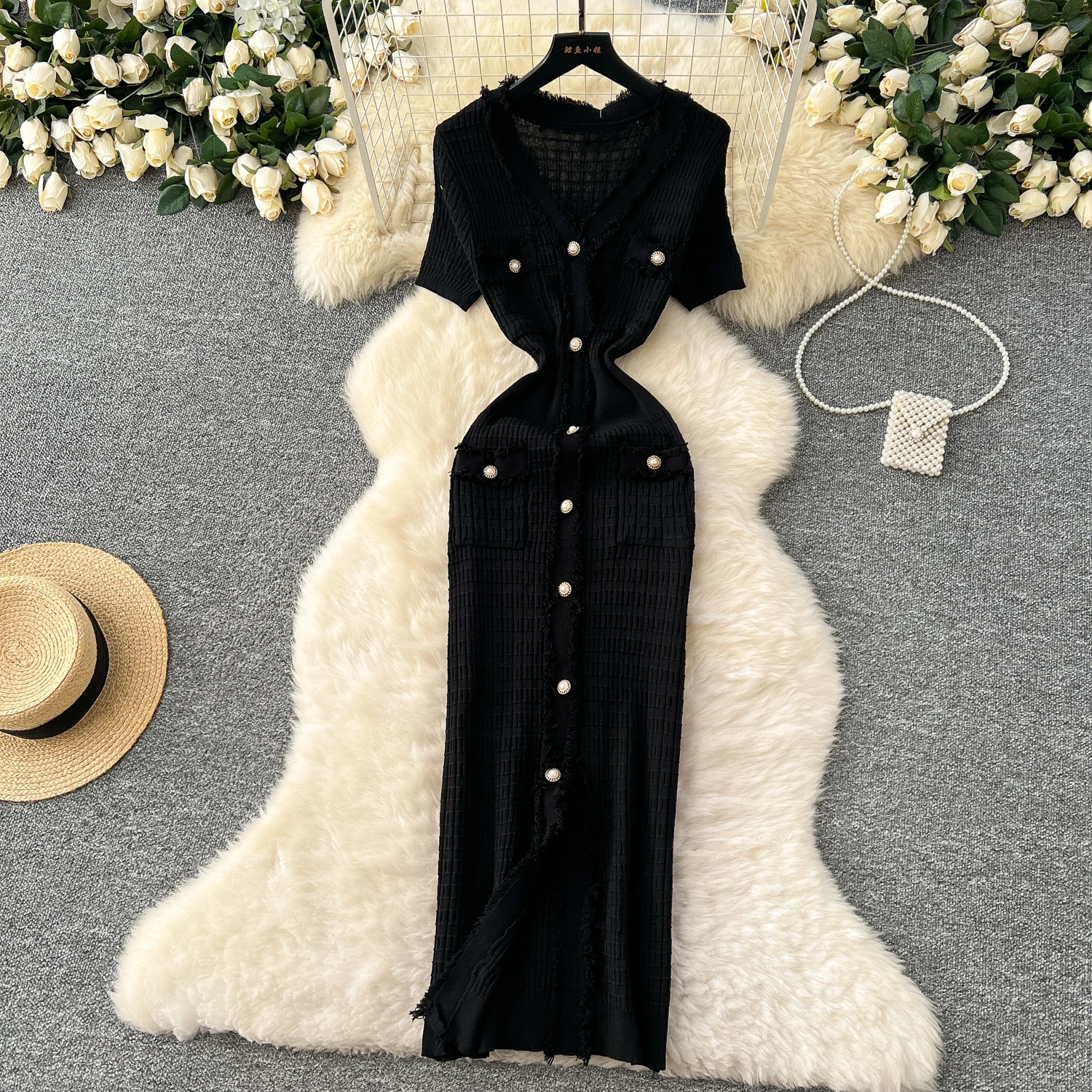 SINGREINY High Quality Elastic Knitted Long Sundress Women Short Sleeves Button Design Office Lady Vintage Split Slim Dress