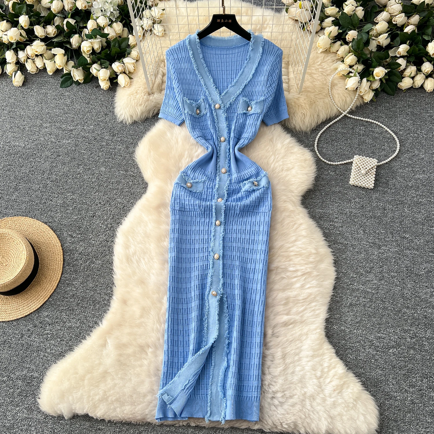 SINGREINY High Quality Elastic Knitted Long Sundress Women Short Sleeves Button Design Office Lady Vintage Split Slim Dress