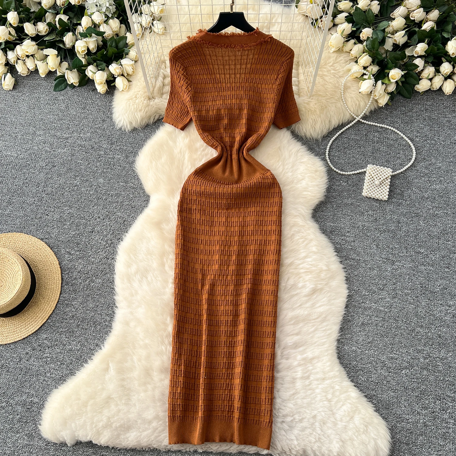 SINGREINY High Quality Elastic Knitted Long Sundress Women Short Sleeves Button Design Office Lady Vintage Split Slim Dress